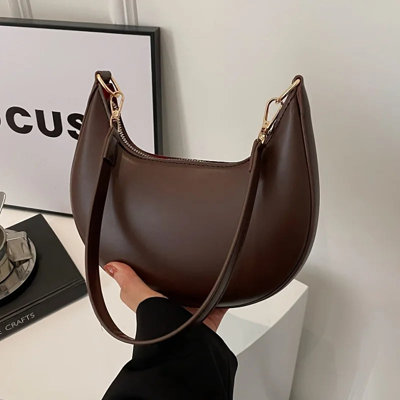 Women's Moon-shaped PU Shoulder Bag with Sequined Detail