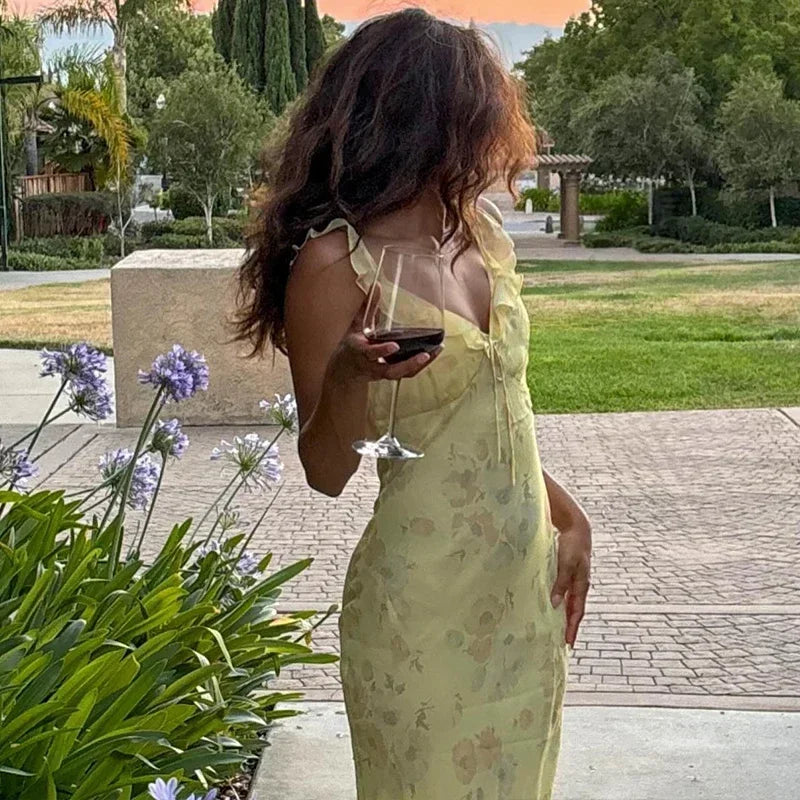 Yellow Flower Print Maxi Dress Sleeveless V Neck
