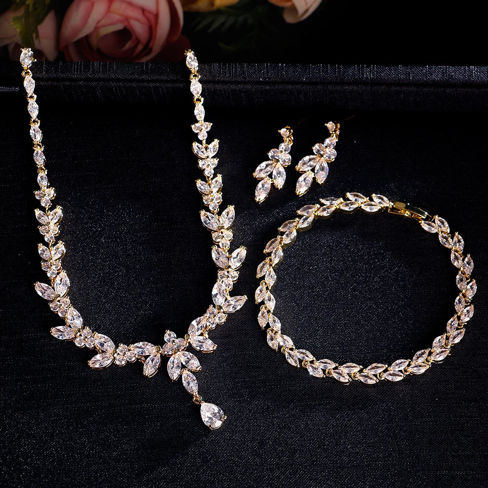 ZAKOL Brilliant Zirconia Leaf Jewelry Set for Women