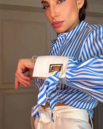 Women's Striped Bow-Tie Shirt Jacket in Polyester
