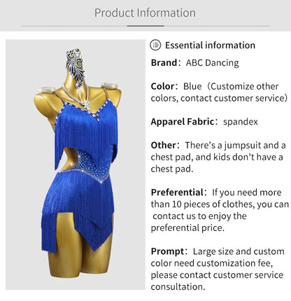 Latin Performance Dance Dress Women Blue Fringe Skirt