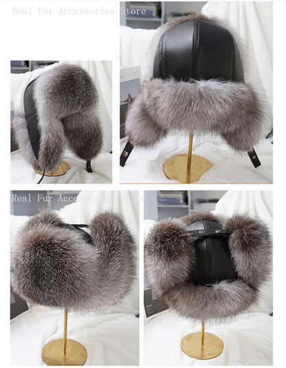 Men's Real Silver Fox Fur Bomber Hat