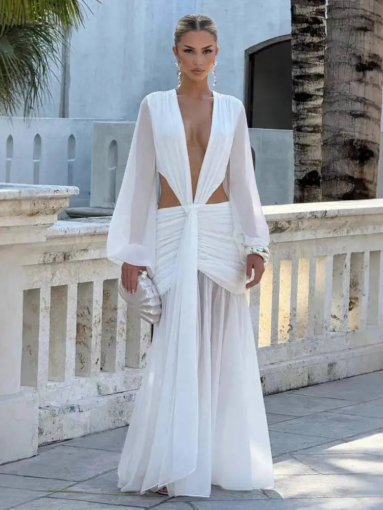 Deep V Hollow Backless Chiffon Maxi Party Dress