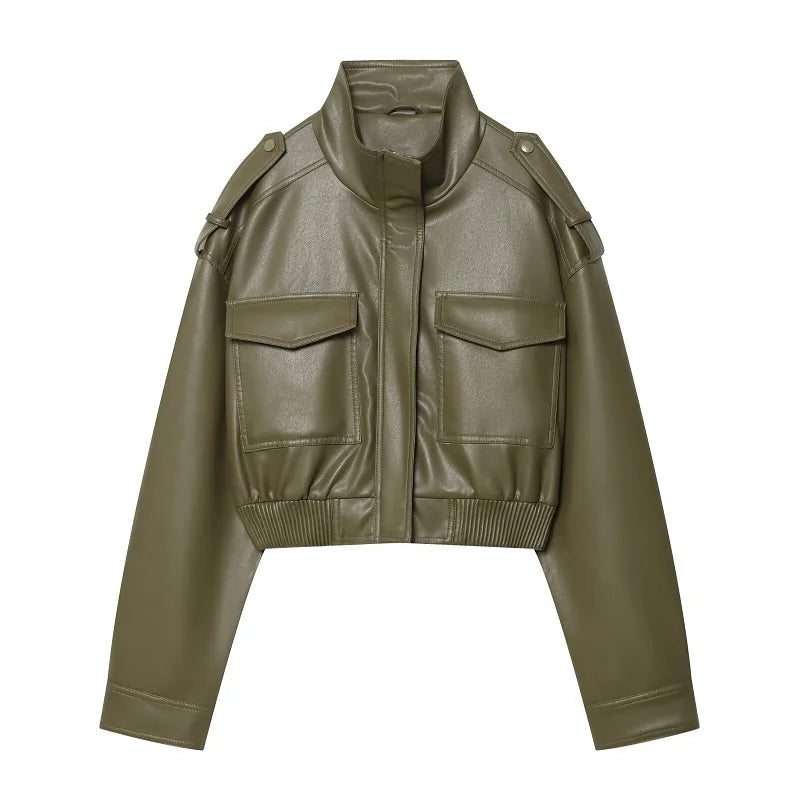 MUJER Faux Leather Cropped Bomber Jacket for Women