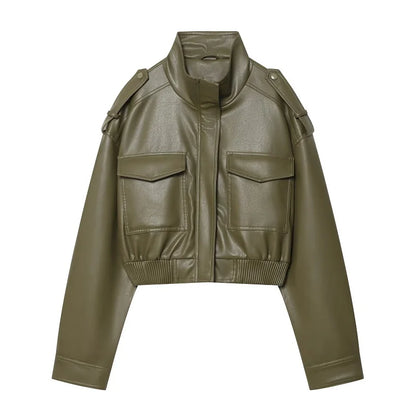 MUJER Faux Leather Cropped Bomber Jacket for Women