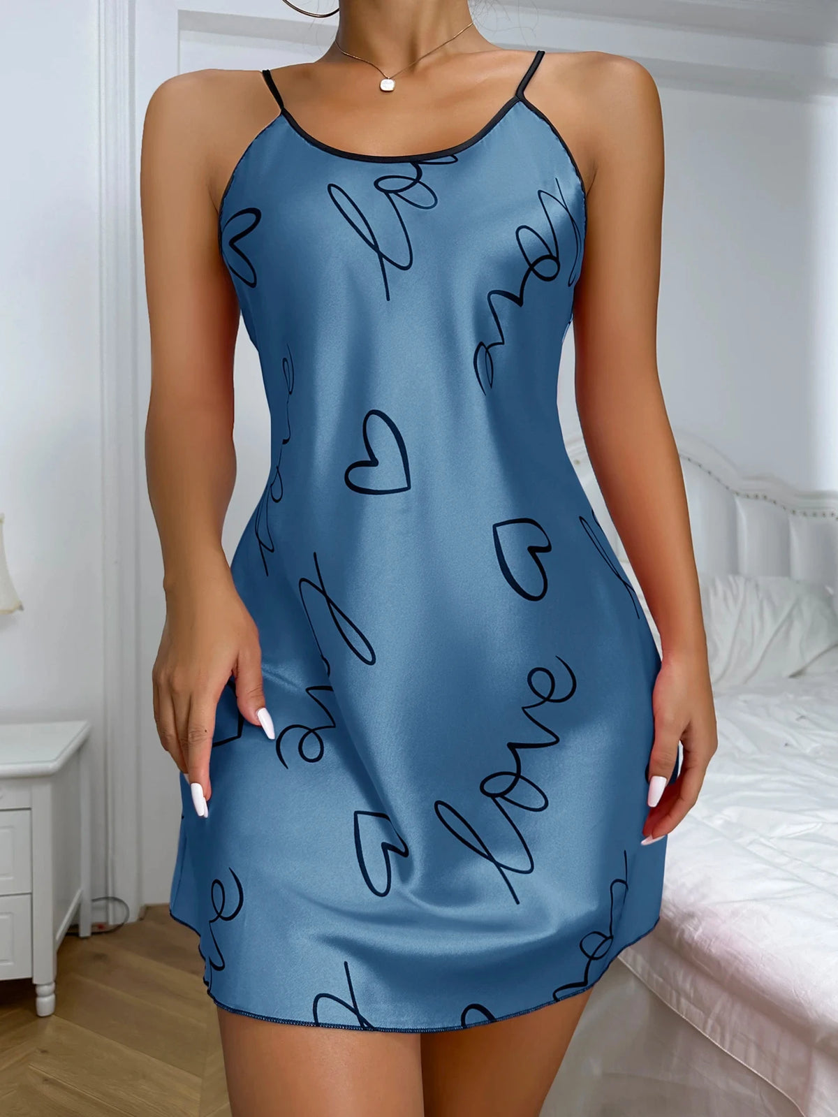Heart Letter Print Spaghetti Strap Nightdress