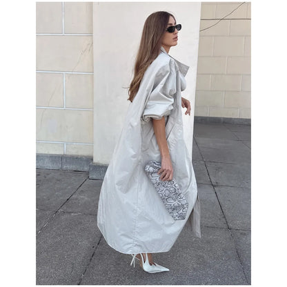 Khaki Long Color-block Stripe Trench Coat for Women