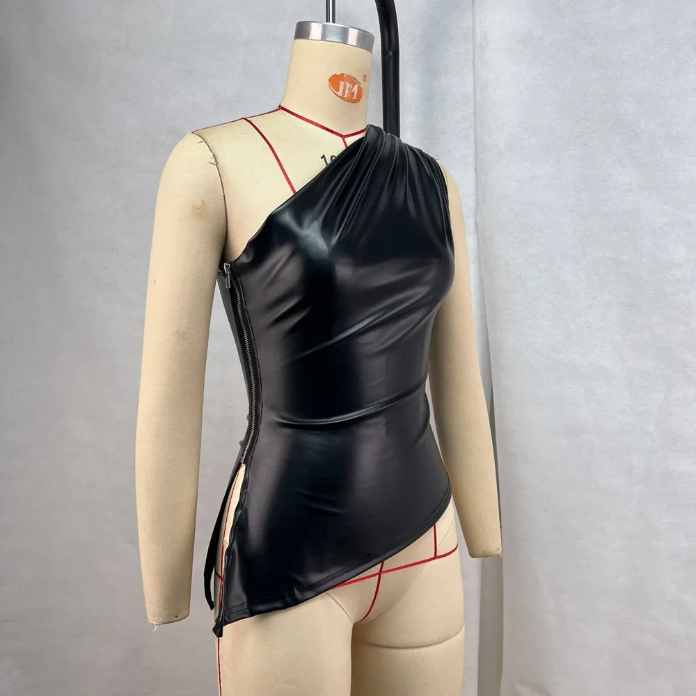Slim Sleeveless One-Shoulder Zipper Jacket