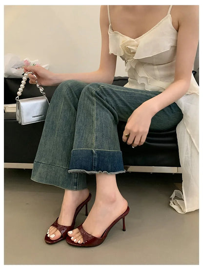 Thin High Heels Open Toe Slides Women Patent Leather Sandals