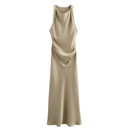 Satin Midi Dress for Women Sleeveless Elegant Evening Dress