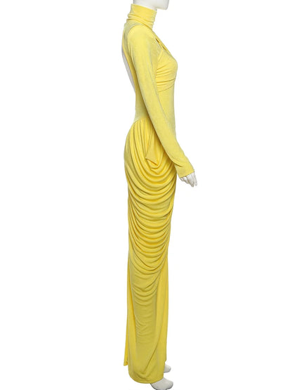 Maxi Dress Women Turtleneck Full Sleeve Backless