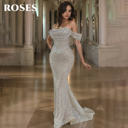 Pearl Off the Shoulder Prom Dress with Sequins