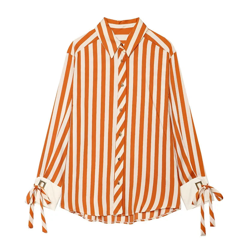 Women's Striped Bow-Tie Shirt Jacket in Polyester