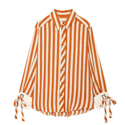 Women's Striped Bow-Tie Shirt Jacket in Polyester