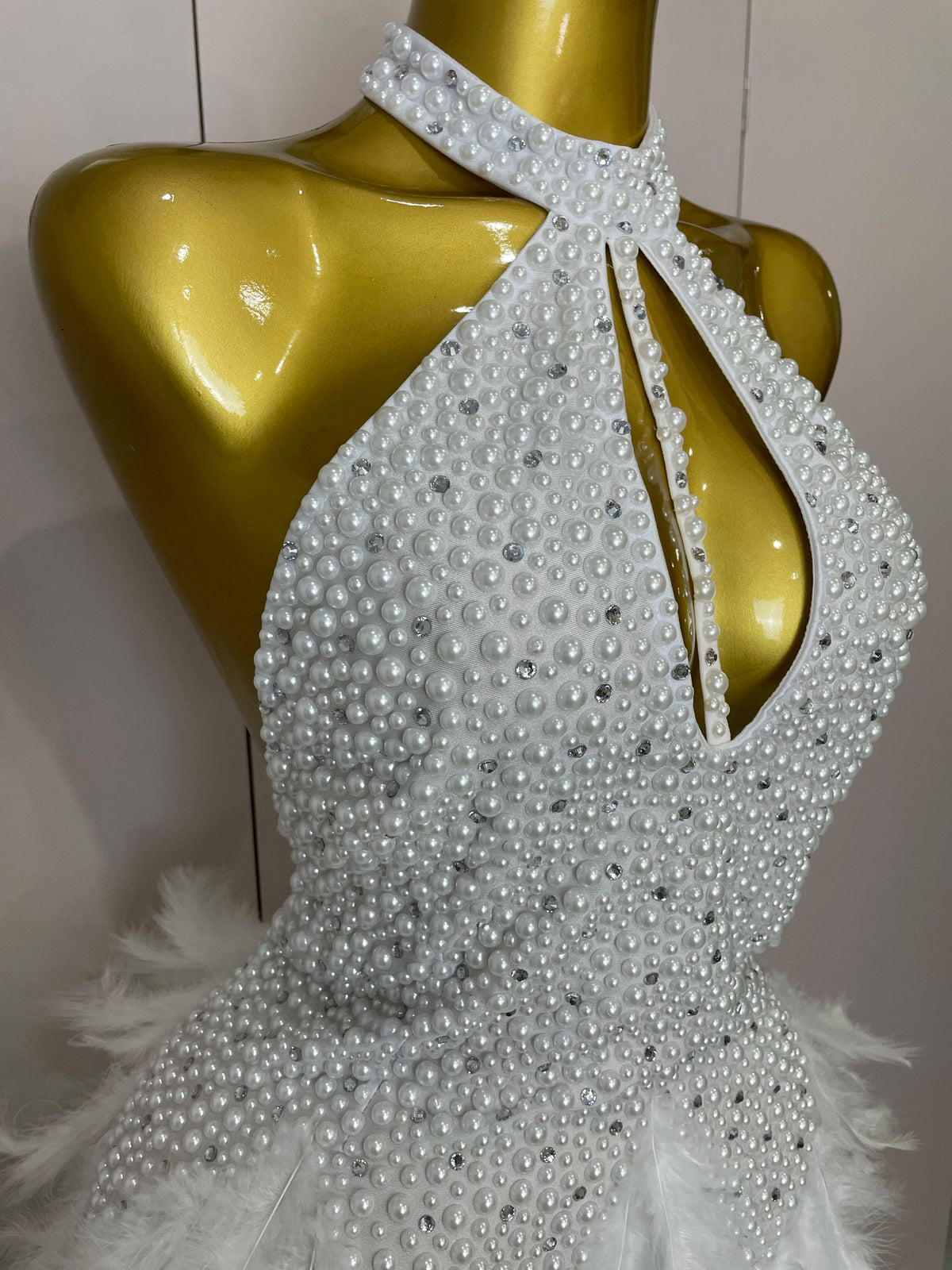 Luxury Rhinestones Pearls Feathers Halter Backless Dress