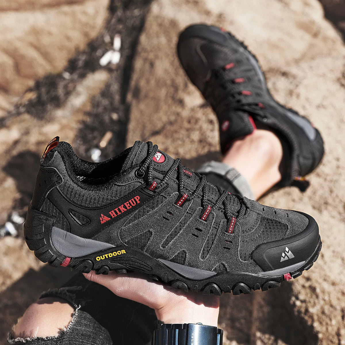 HIKEUP Men's Suede Leather Hiking Shoes Black Gray Khaki