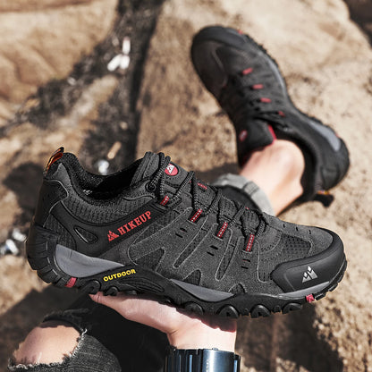 HIKEUP Men's Suede Leather Hiking Shoes Black Gray Khaki