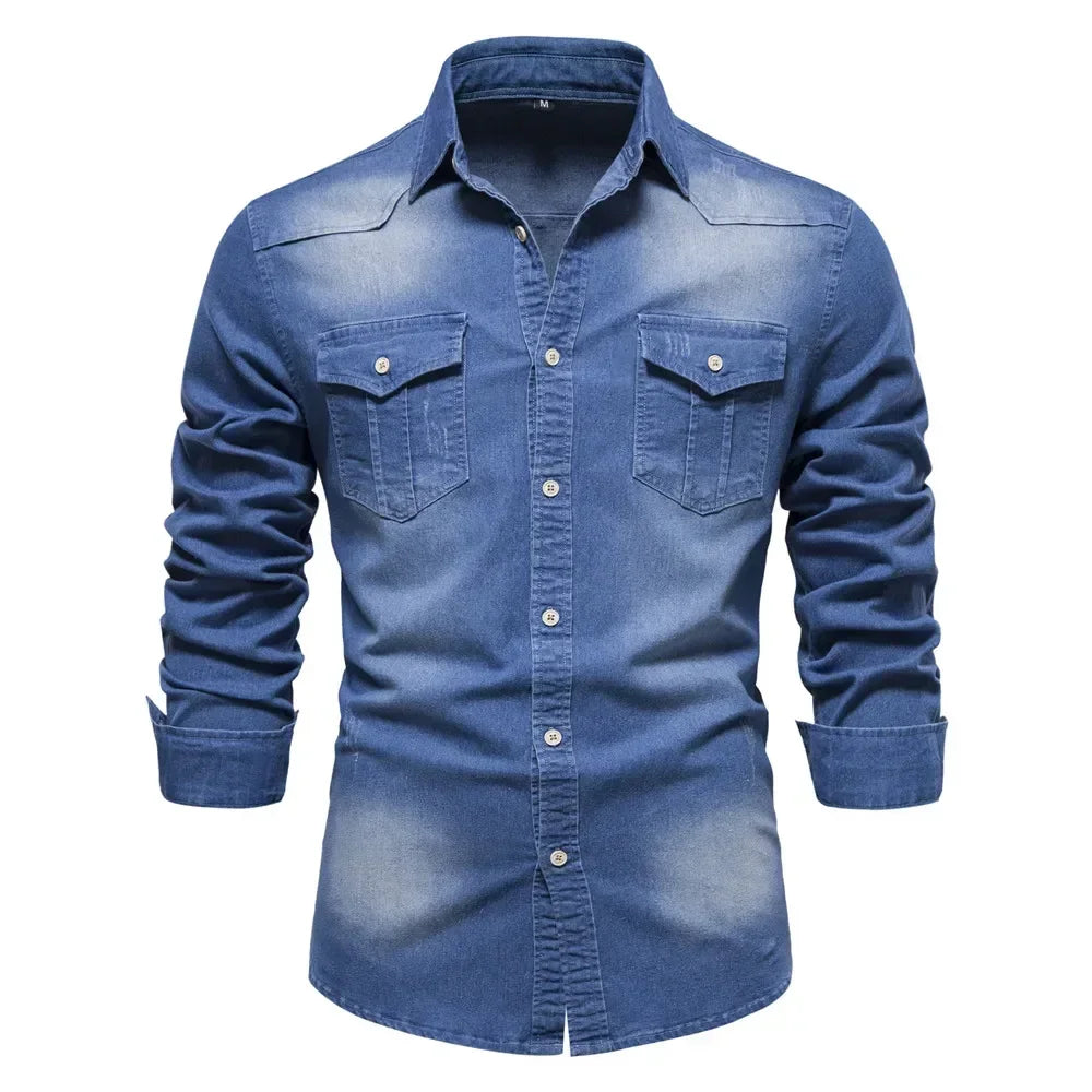 Elastic Cotton Denim Shirt Men Long Sleeve Casual
