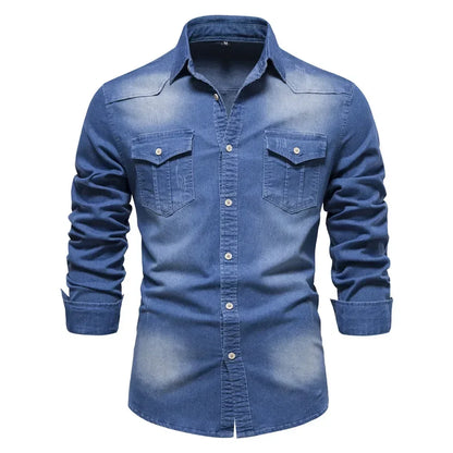 Elastic Cotton Denim Shirt Men Long Sleeve Casual