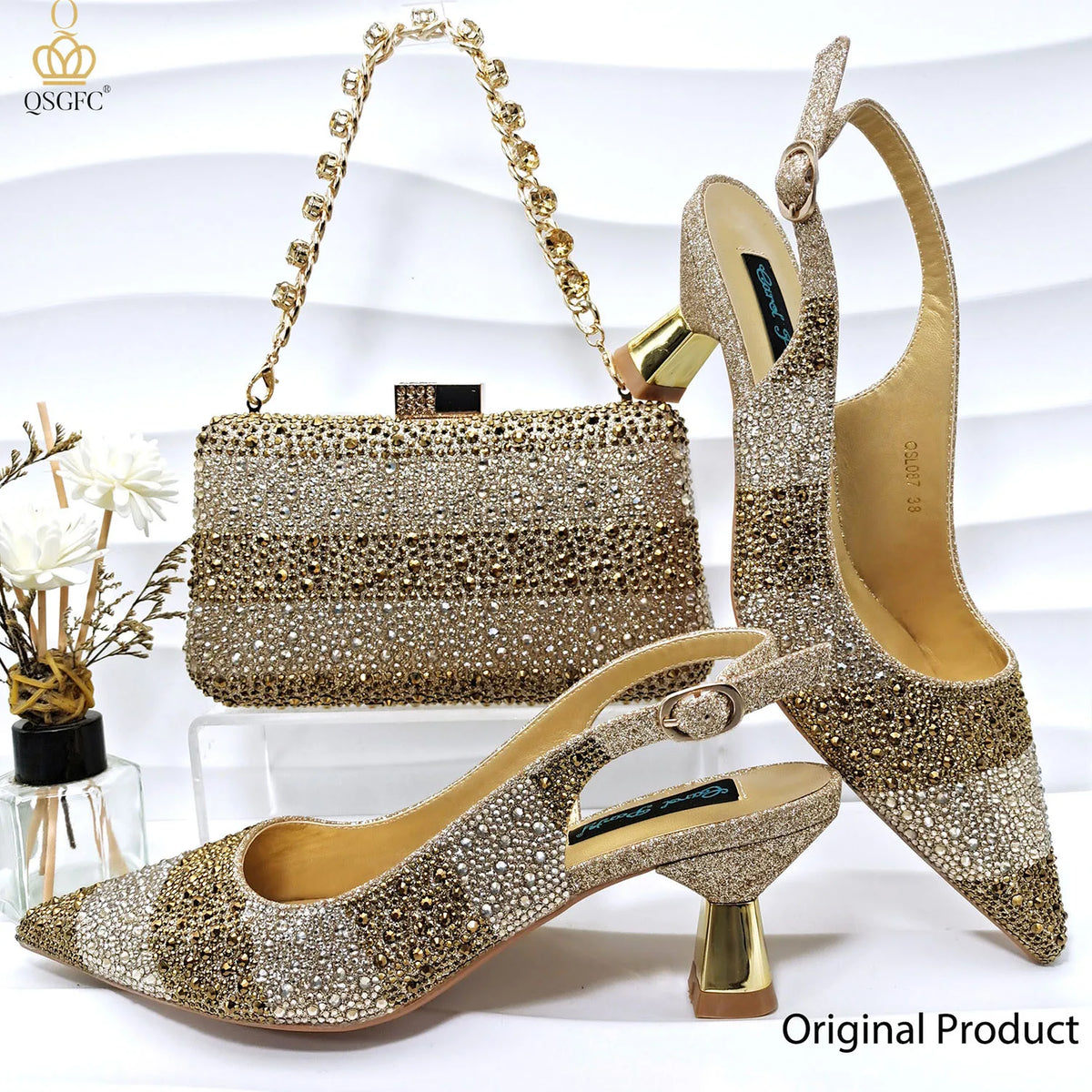 Italian Luxury Green Rhinestone Shoes and Bag Set