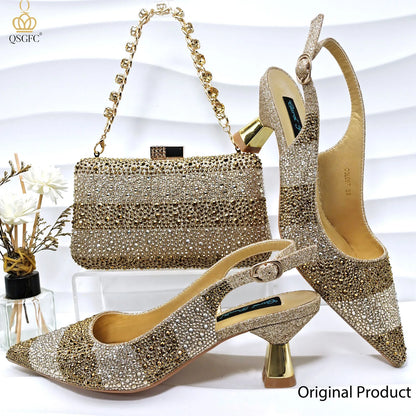 Italian Luxury Green Rhinestone Shoes and Bag Set