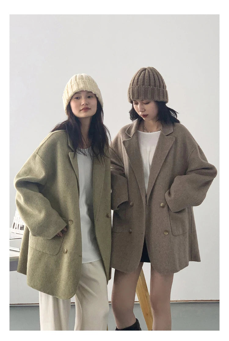Women's Woolen Double Breasted Jacket Office Lady Outerwear