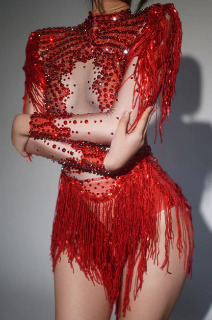 Rhinestone Tassel Elastic Bodysuit for Women