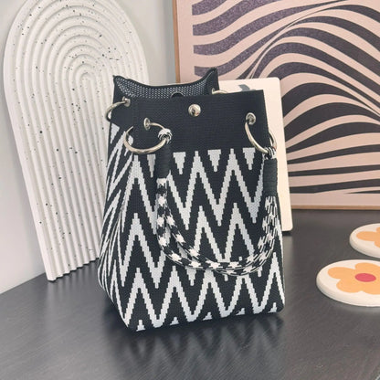 Mini Knitted Bucket Bag Women Colorblock Wristlet Purse