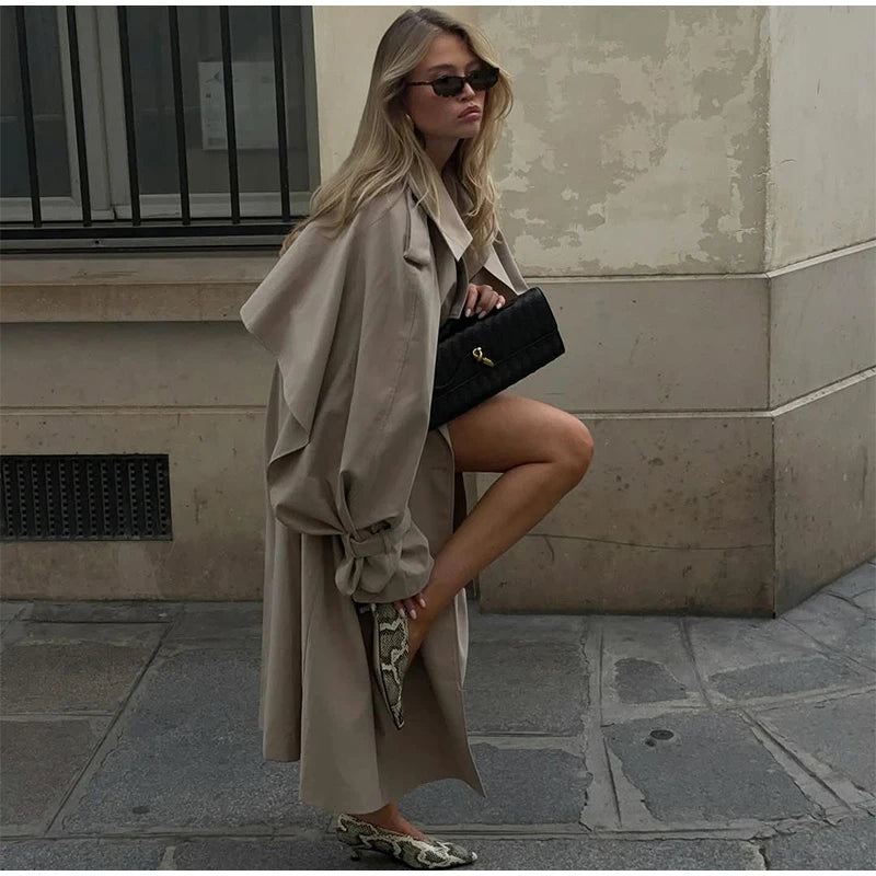 Khaki Long Color-block Stripe Trench Coat for Women