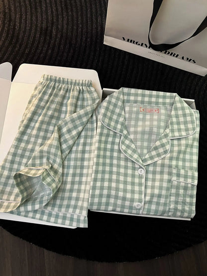 Japanese Minimalist Women's Pink Plaid Pajamas