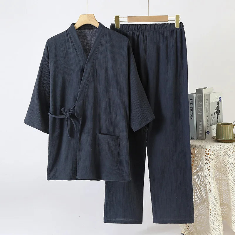 Cotton Couple Kimono Robes with Long Trousers Set