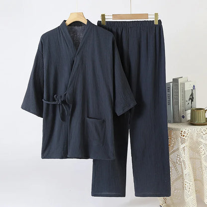 Cotton Couple Kimono Robes with Long Trousers Set