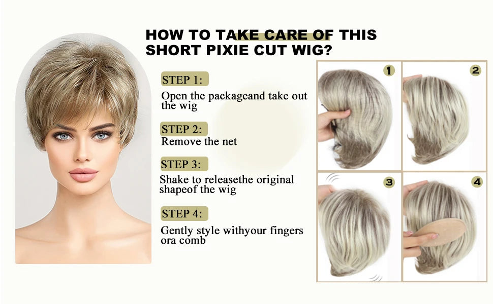 Light Blonde Mixed Off-White Pixie Cut Wig with Bangs