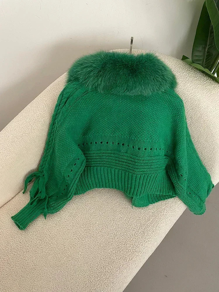 Knitted Cardigan Coat for Women with Real Fox Fur