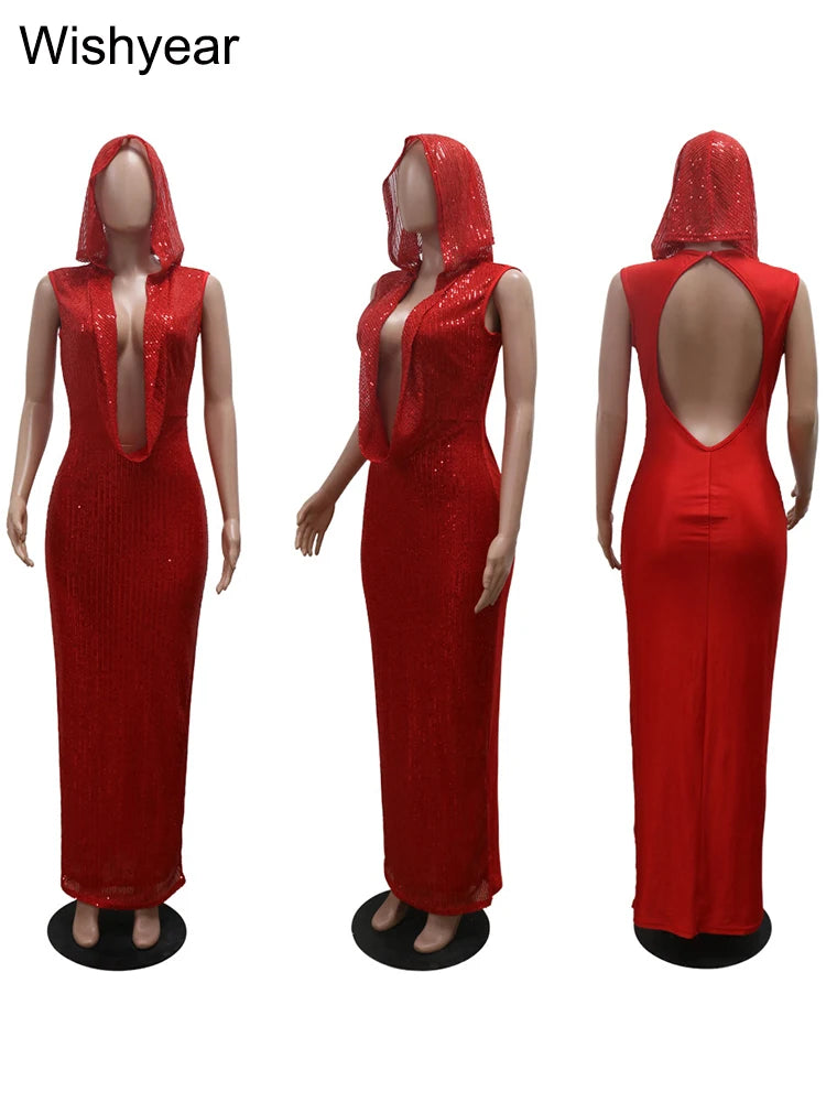 Luxury Red Hooded Dress for Women with Sequins