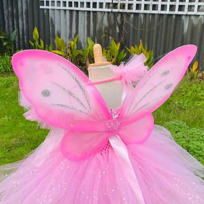 Girls Pink Glitter Tutu Dress with Wings and Hairbow