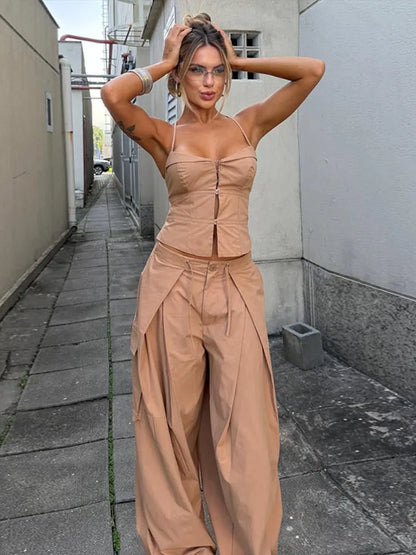 Corset Cami Two Piece Set with Pleated Wide Leg Pants