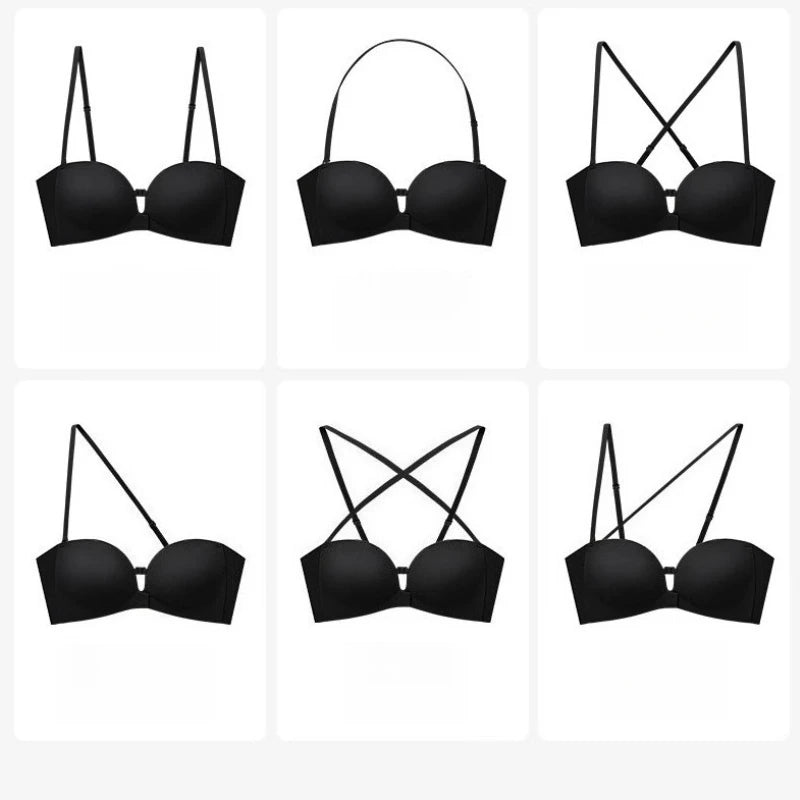 Seamless Push Up Strapless Bra for Women Adjustable Solid Color