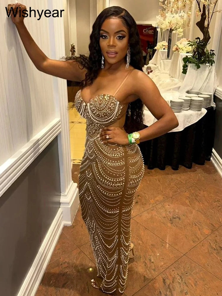Luxury Brown Rhinestone Evening Gown for Women