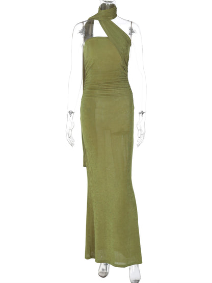 Hugcitar Halter Backless Ruched Bodycon Maxi Dress