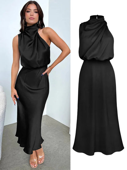 Elegant Silk Satin Sleeveless Long Dress for Women