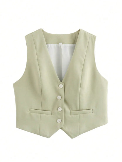 Women'S Solid Suit Vest Sleeveless Cropped Waistcoat