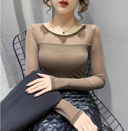Women Slim Fit Long Sleeve Mesh T-Shirt