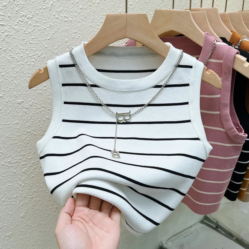 Striped Knit Sleeveless Waistcoat for Women