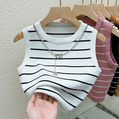 Striped Knit Sleeveless Waistcoat for Women