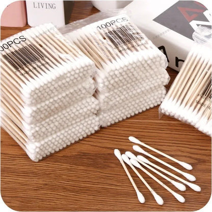 100 Pcs Baby Cotton Swabs with Wooden Sticks