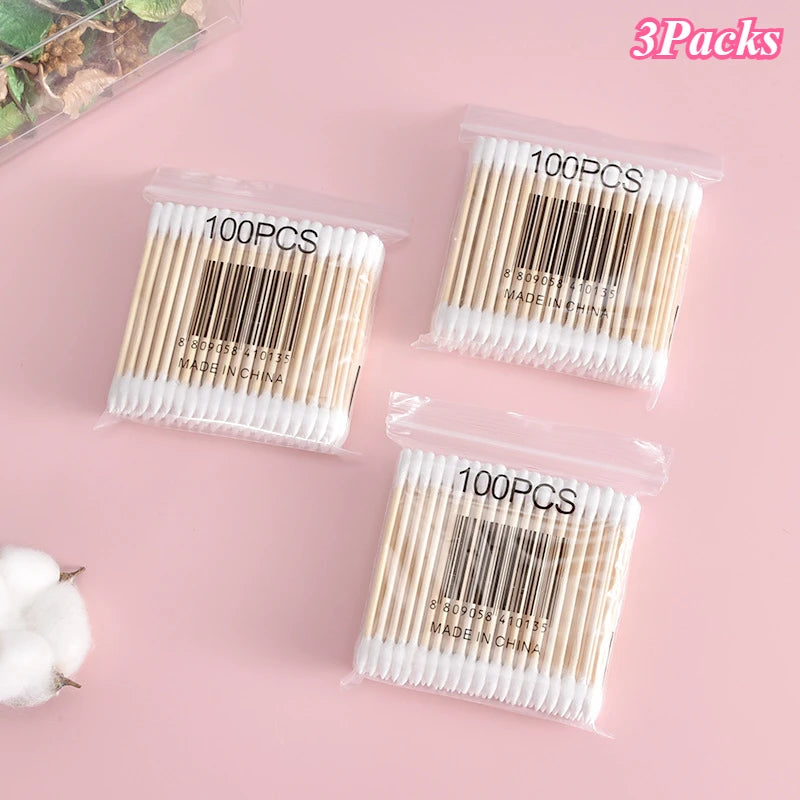 100 Pcs Baby Cotton Swabs with Wooden Sticks