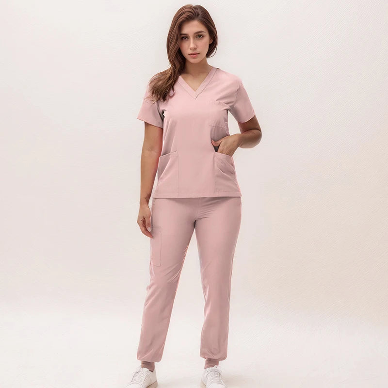 Stretchy V-Neck Nurse Scrub Set Jogger Pants