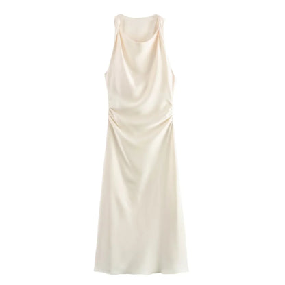 Satin Midi Dress for Women Sleeveless Elegant Evening Dress