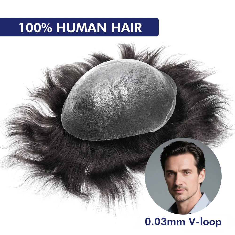 V Loop Silk Base Wavy Toupee for Men 8x10